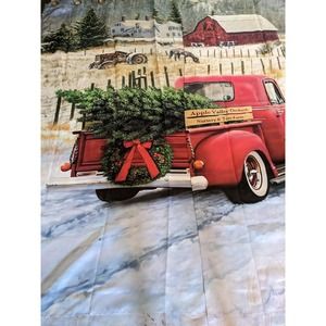 Red Truck Barn Horse Farm Blackout Curtain panels Set Snow Winter Scene 84 X 42"